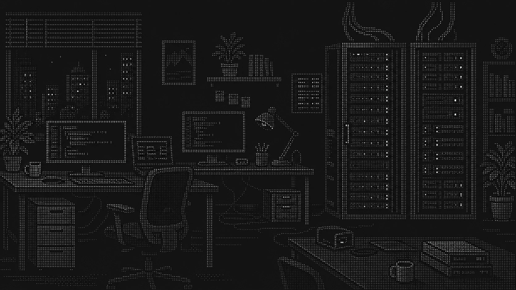 Illustration eines Arbeitsplatzes mit Code-Monitoren neben einem Server-Rack. Sinnbild dafür, dass wir unsere Lösungen selbst bauen und betreiben.